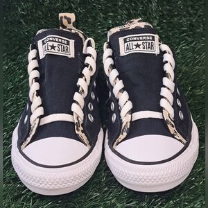 All Star Converse Chucks Dbl Tongue Juniors Size 5 Black Leopard Print Lining